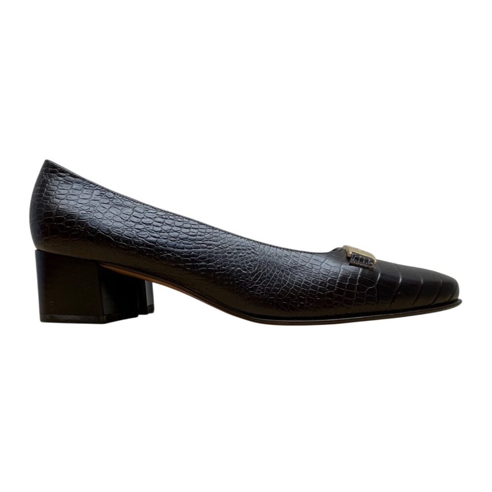 Salvatore Ferragamo Brown Croc-Embossed Leather Block Heel Loafers Sz 5.5B- New